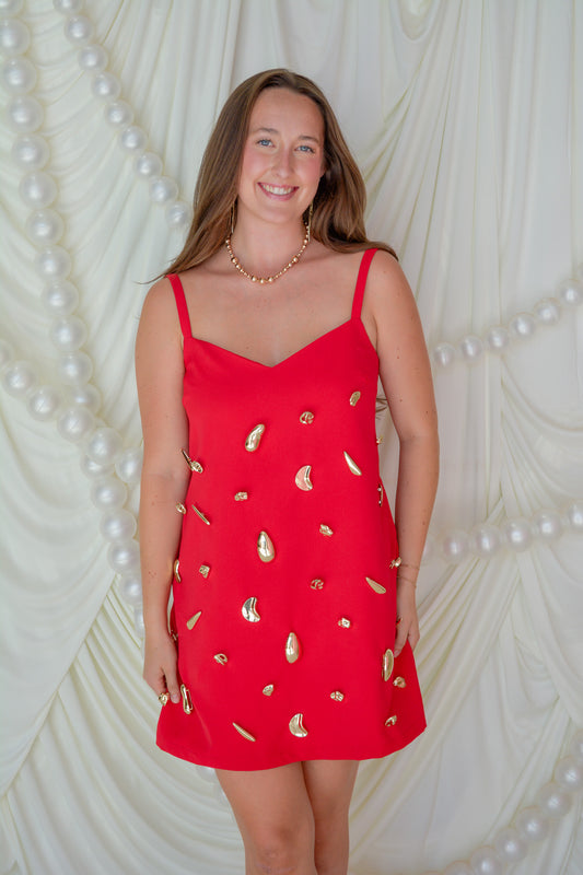 INA Modern Heirloom Dress displayed on a hanger, showcasing its elegant design and detailed fabric.