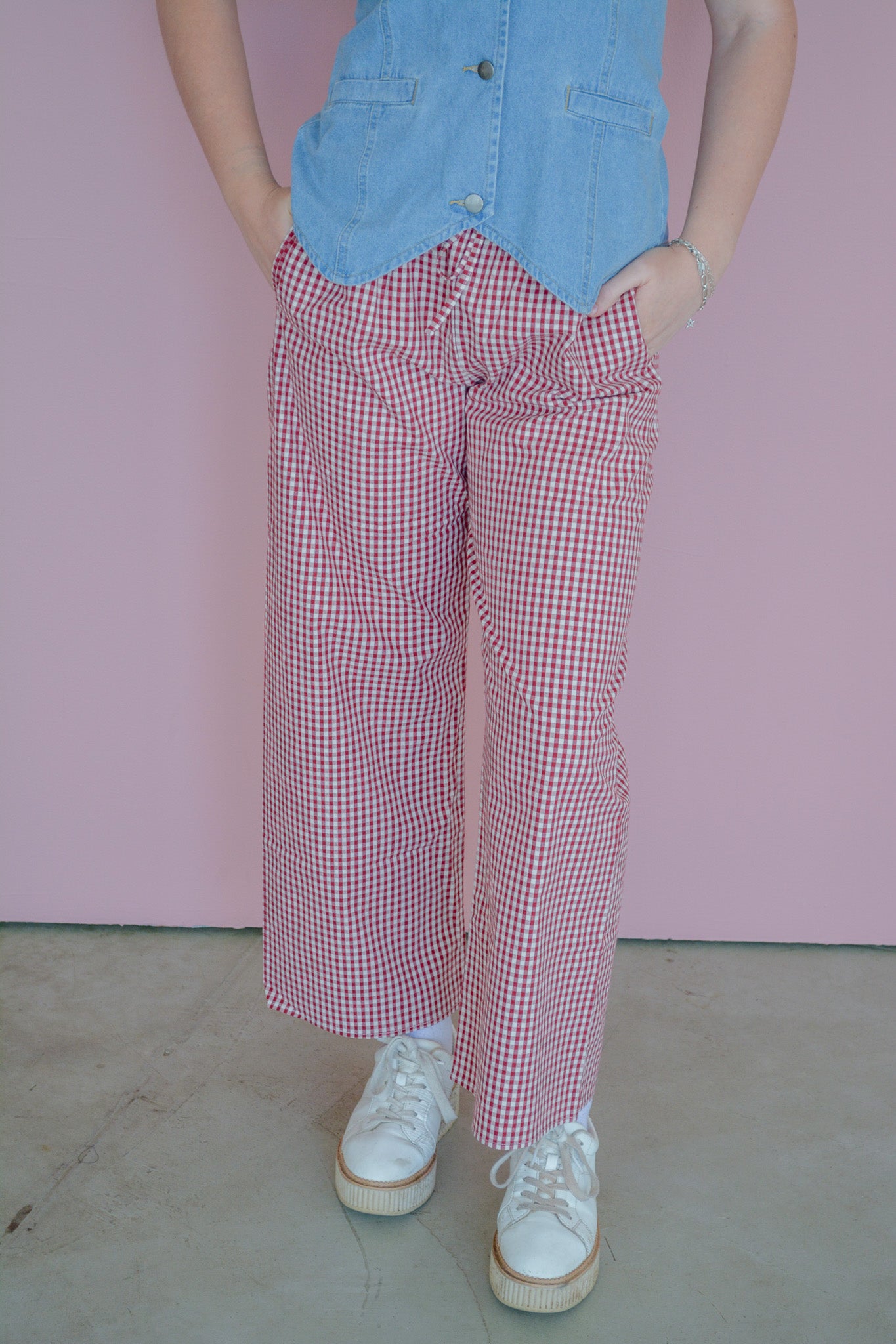 Americana Afternoon Pants by Grade & Gather displayed on a hanger, featuring a relaxed fit and classic design in soft fabric.