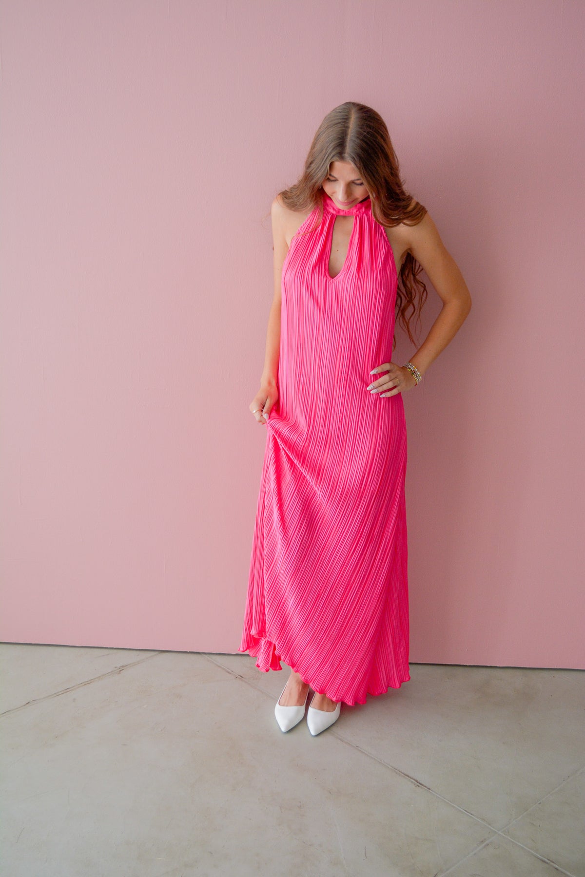 Hot Pink Halo Neck Maxi Dress