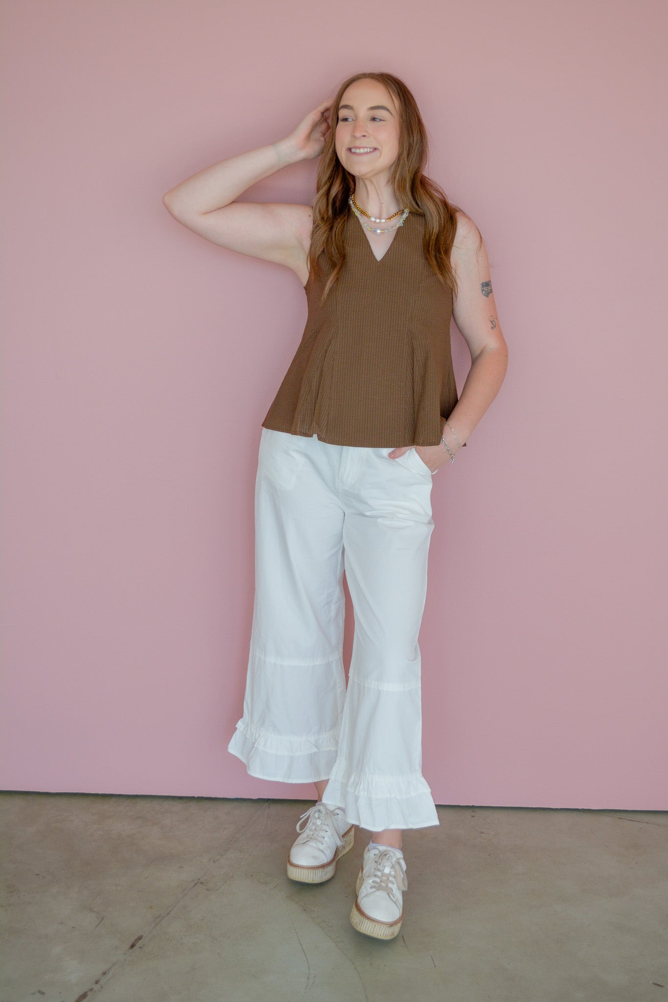 Grade & Gather Canyon Chic Vest Top, lightweight sleeveless blouse in neutral beige, displayed on a hanger.