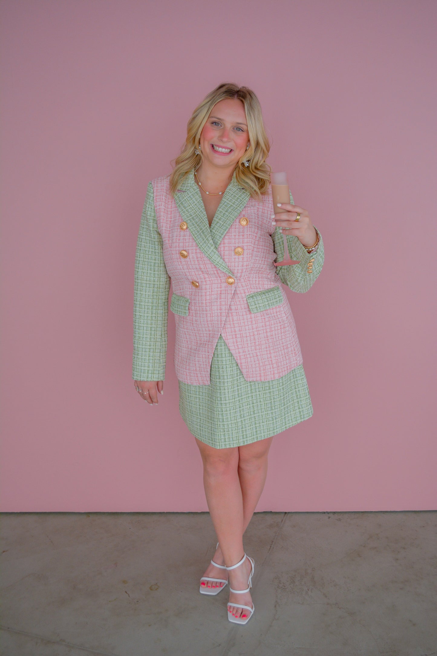Pink and Green Colorblock Tweed Blazor