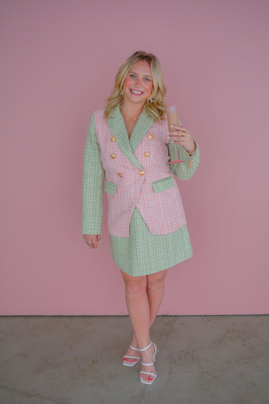 Pink and Green Colorblock Tweed Blazor