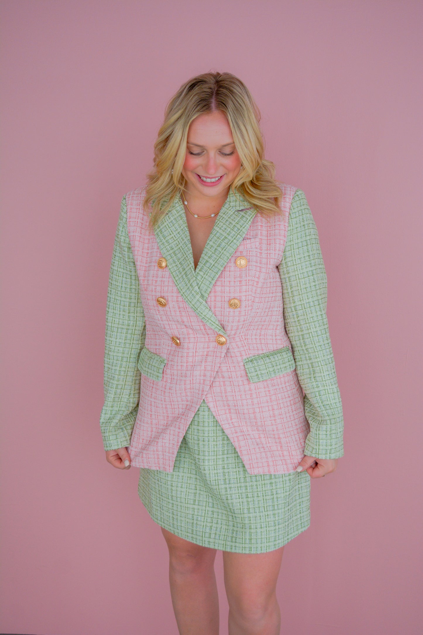 Pink and Green Colorblock Tweed Blazor