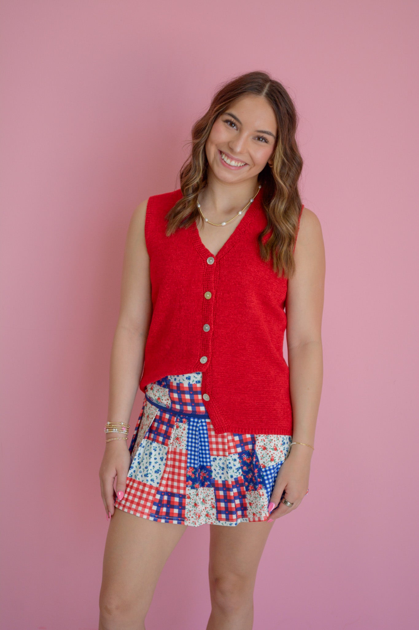 Patriotic Picnic Skirt by Peach Love California featuring red, white, and blue stars and stripes, casual summer style.