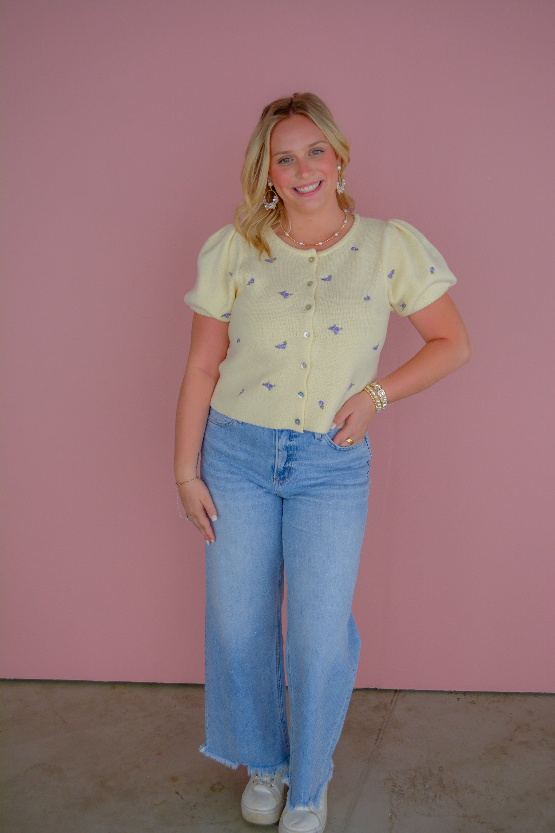 Mable Buttercup Puff Sleeve Knit Top showing a soft yellow knit with puffed sleeves and a fitted silhouette.