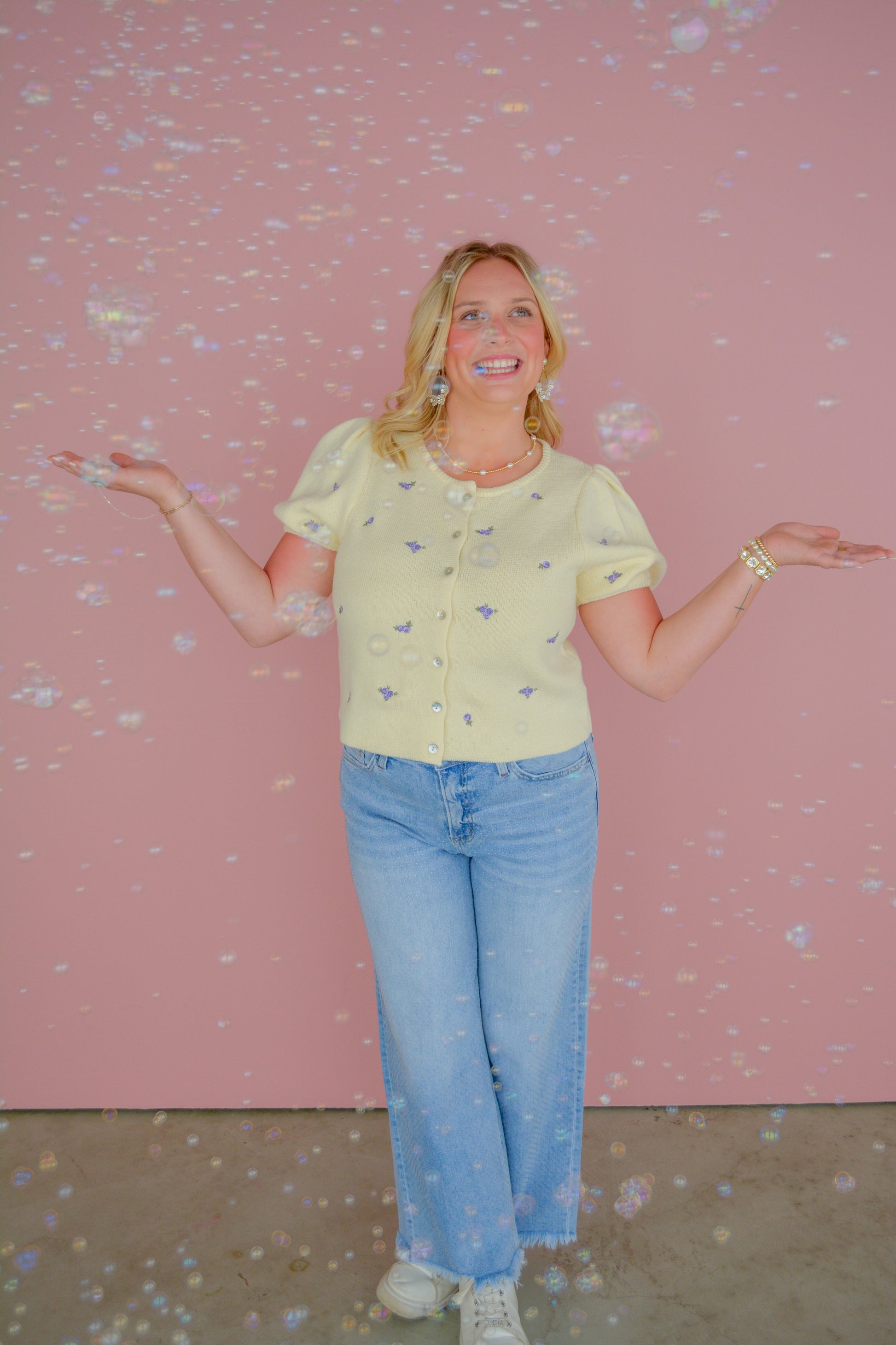 Mable Buttercup puff sleeve knit top with a fitted bodice and textured fabric, displayed on a neutral background.