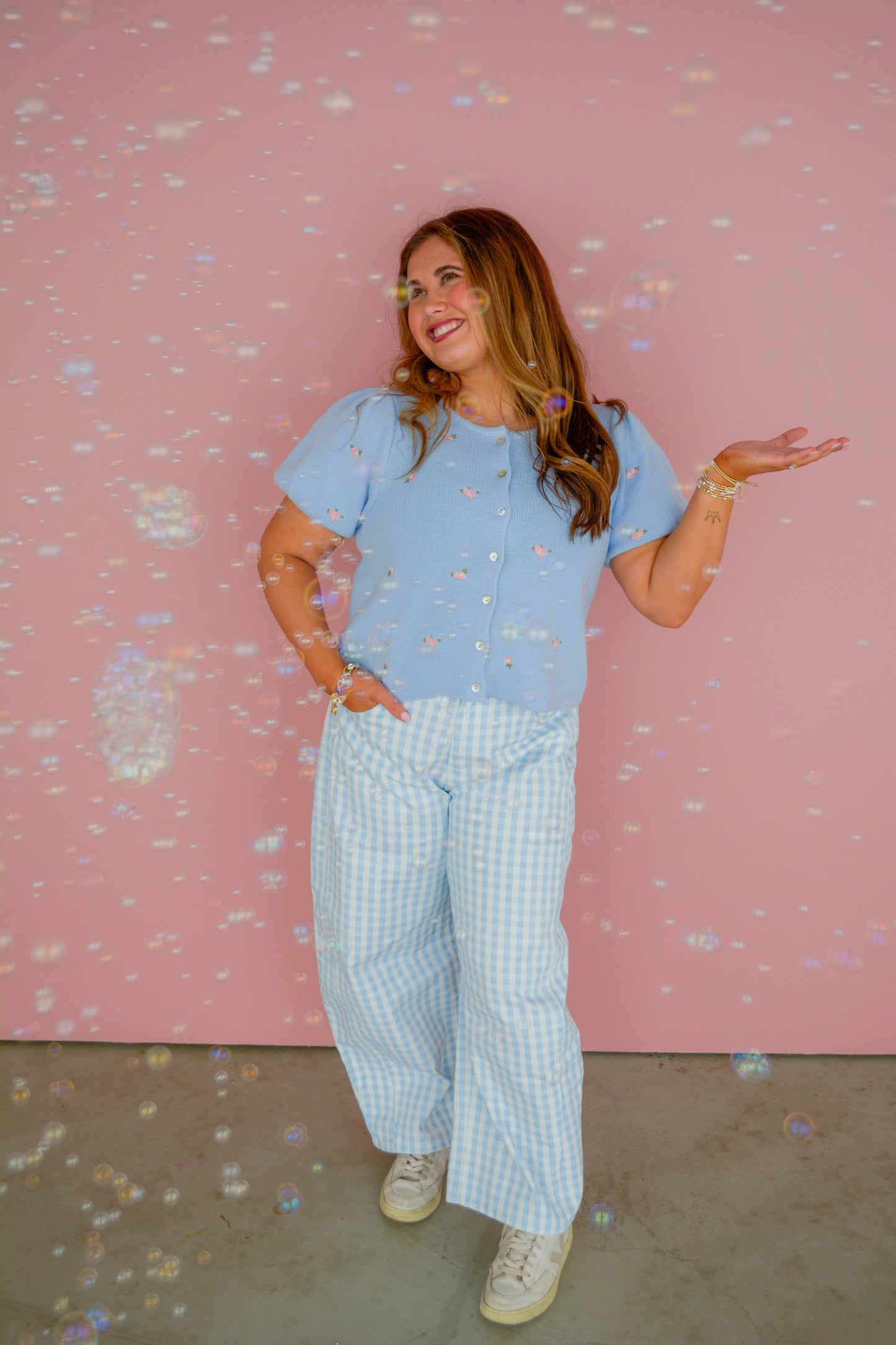 Blue Sky Gingham Barrel Jeans by Peach Love California, showing classic gingham pattern and relaxed fit style.