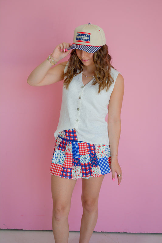 Patriotic picnic skirt by Peach Love California featuring red, white, and blue star pattern fabric for summer outdoor events.