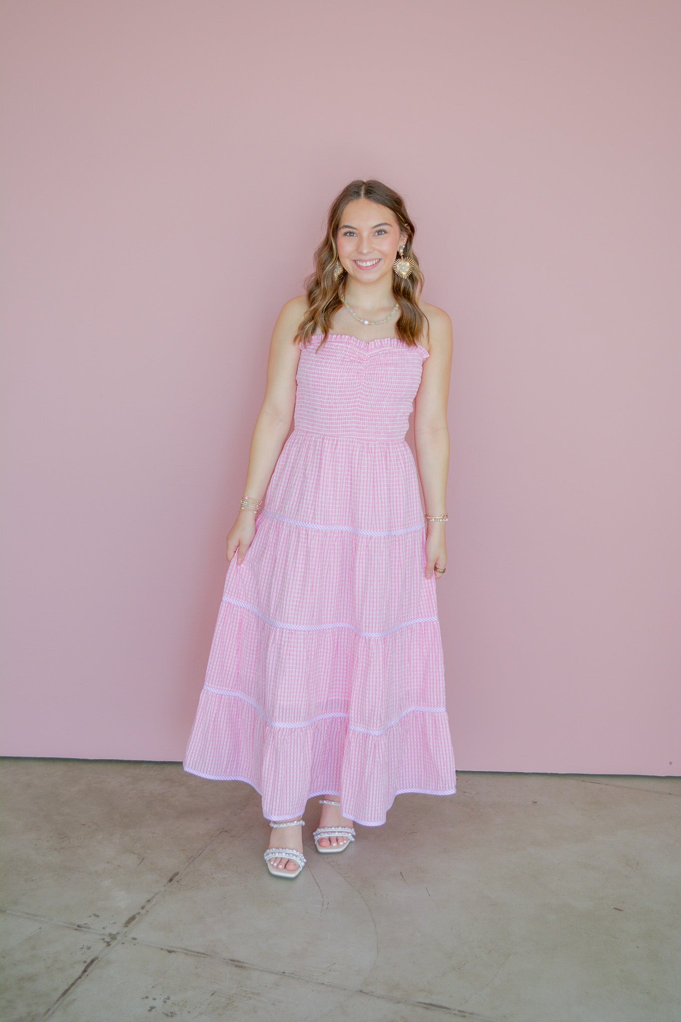 Baby Pink Soft Statement Midi Dress in pink fabric, featuring a flowy silhouette and stylish design, perfect for casual or dressy occasions.
