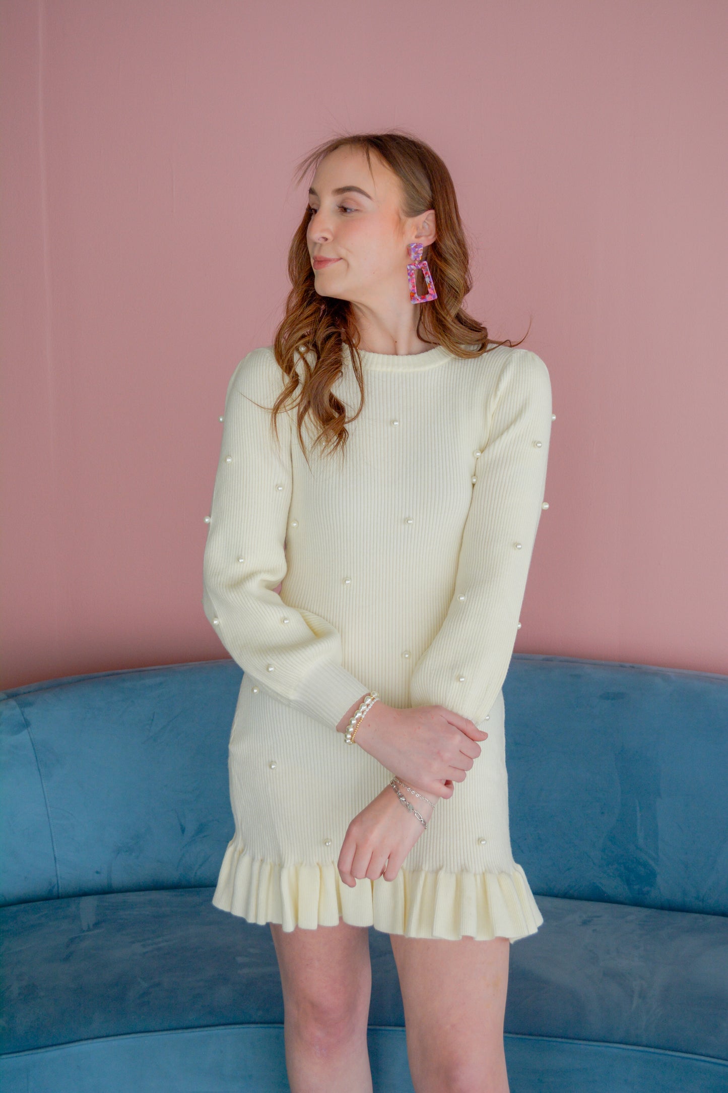 Elegant Ophelia Pearl Dress by Able, featuring intricate pearl embellishments and a flowing silhouette.