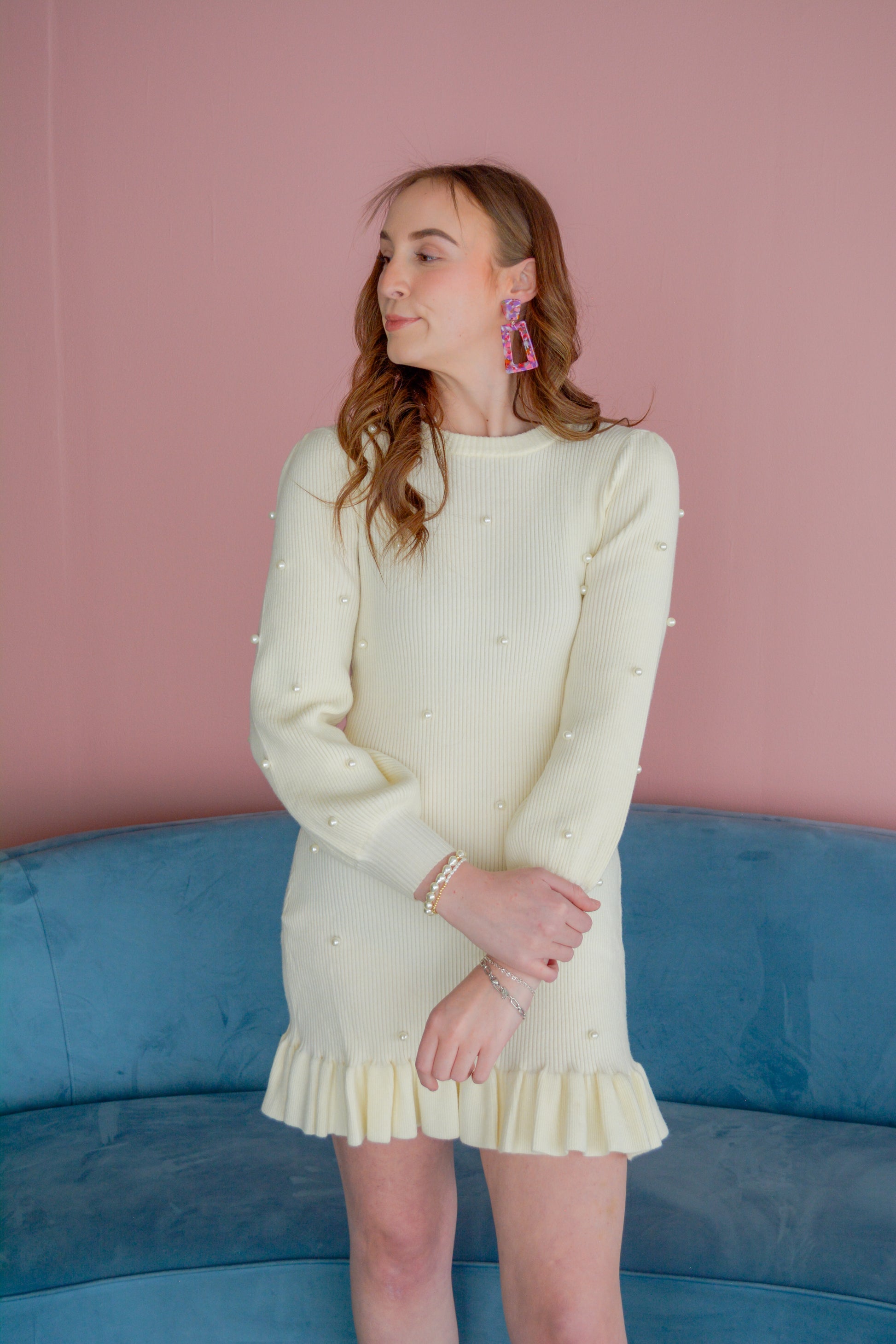 Elegant Ophelia Pearl Dress by Able, featuring intricate pearl embellishments and a flowing silhouette.