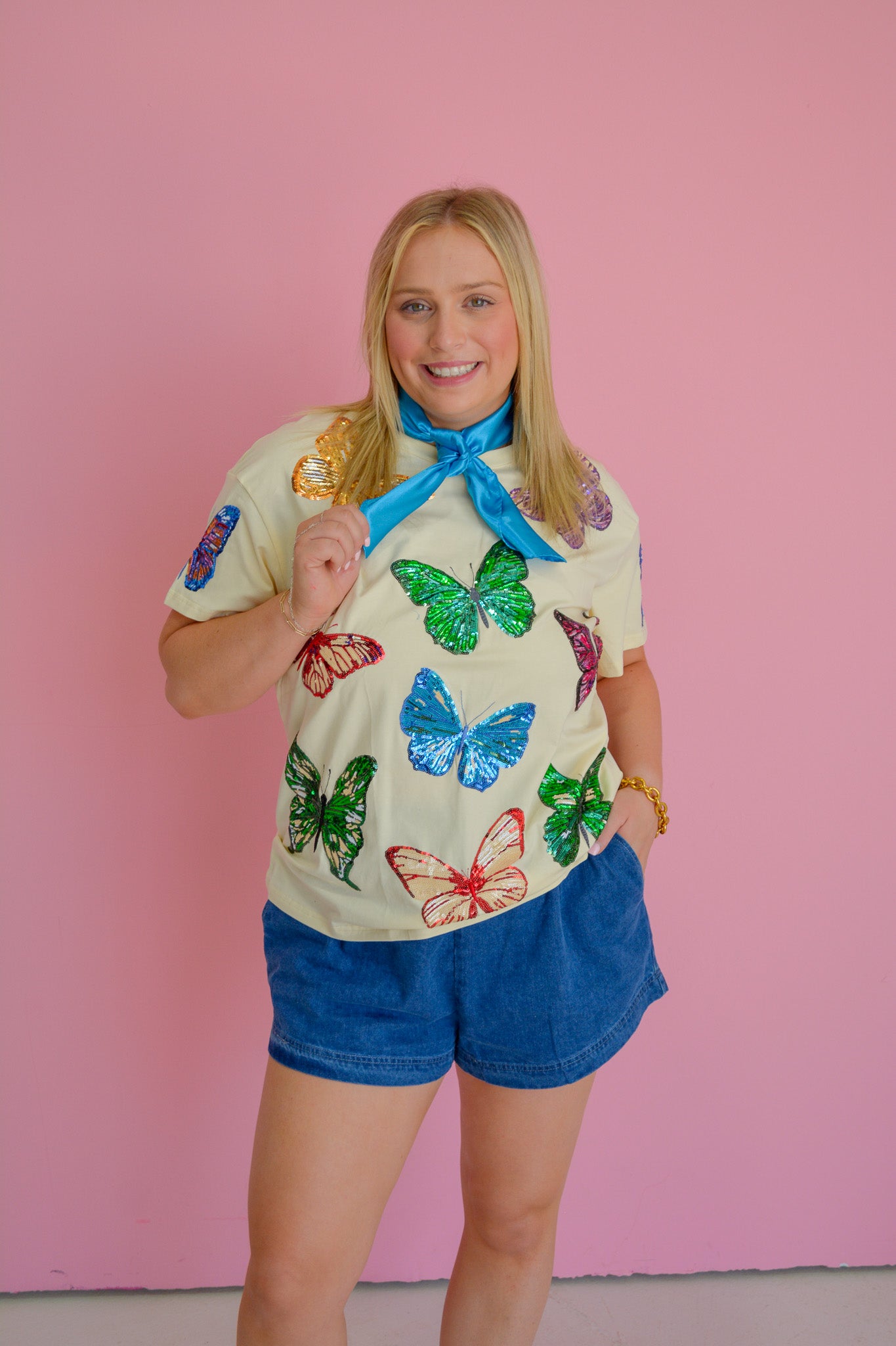Light blue Laidback Babe shorts by Ee:some displayed on a hanger with a relaxed fit and casual style.