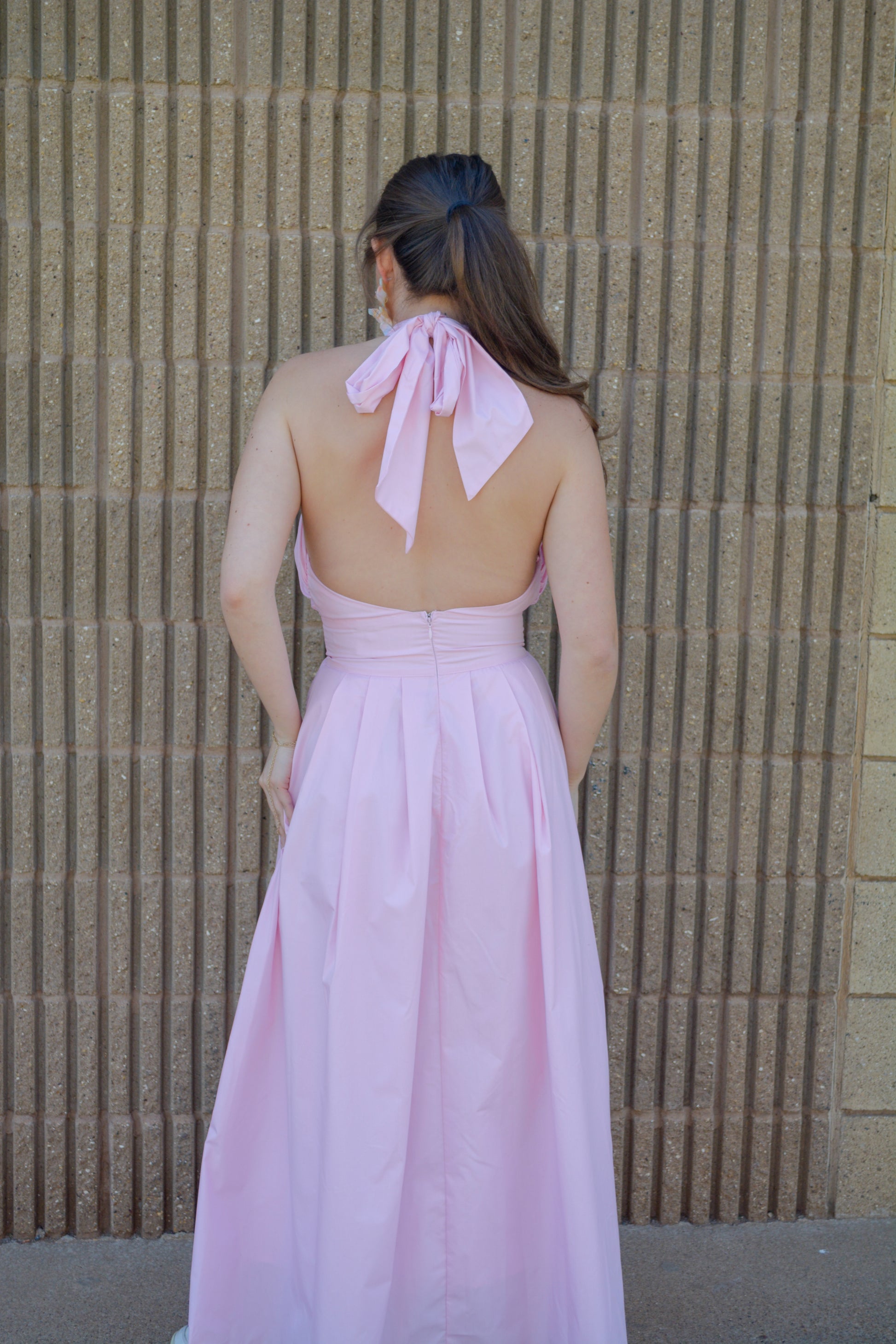 Baby Pink Everlasting Spring Maxi Dress laid flat, showcasing its flowy fabric and floral design perfect for spring and summer wear.