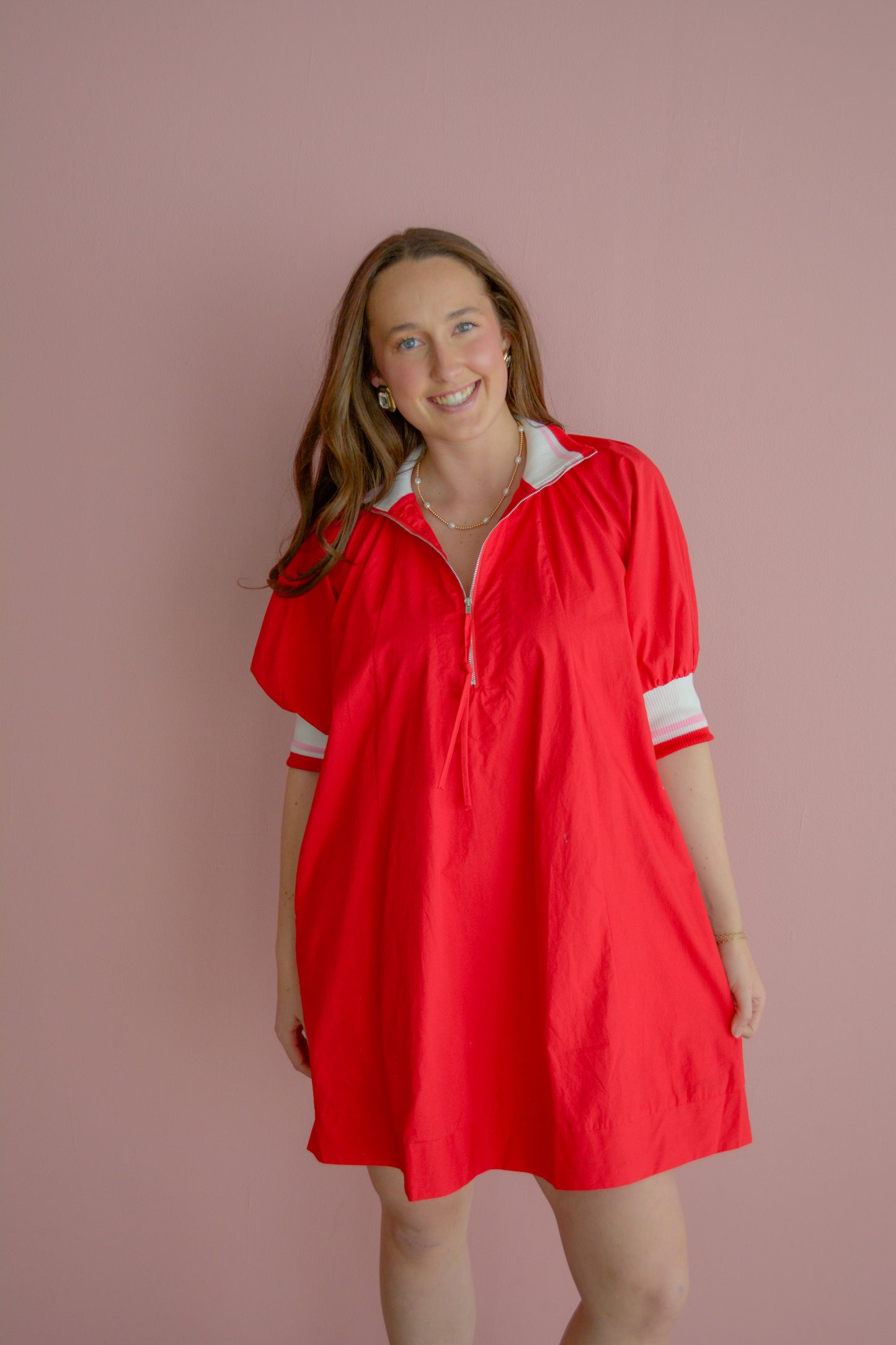 She & Sky Sunday Stroll half-zip mini dress in soft fabric, featuring a casual fit and stylish short sleeves.