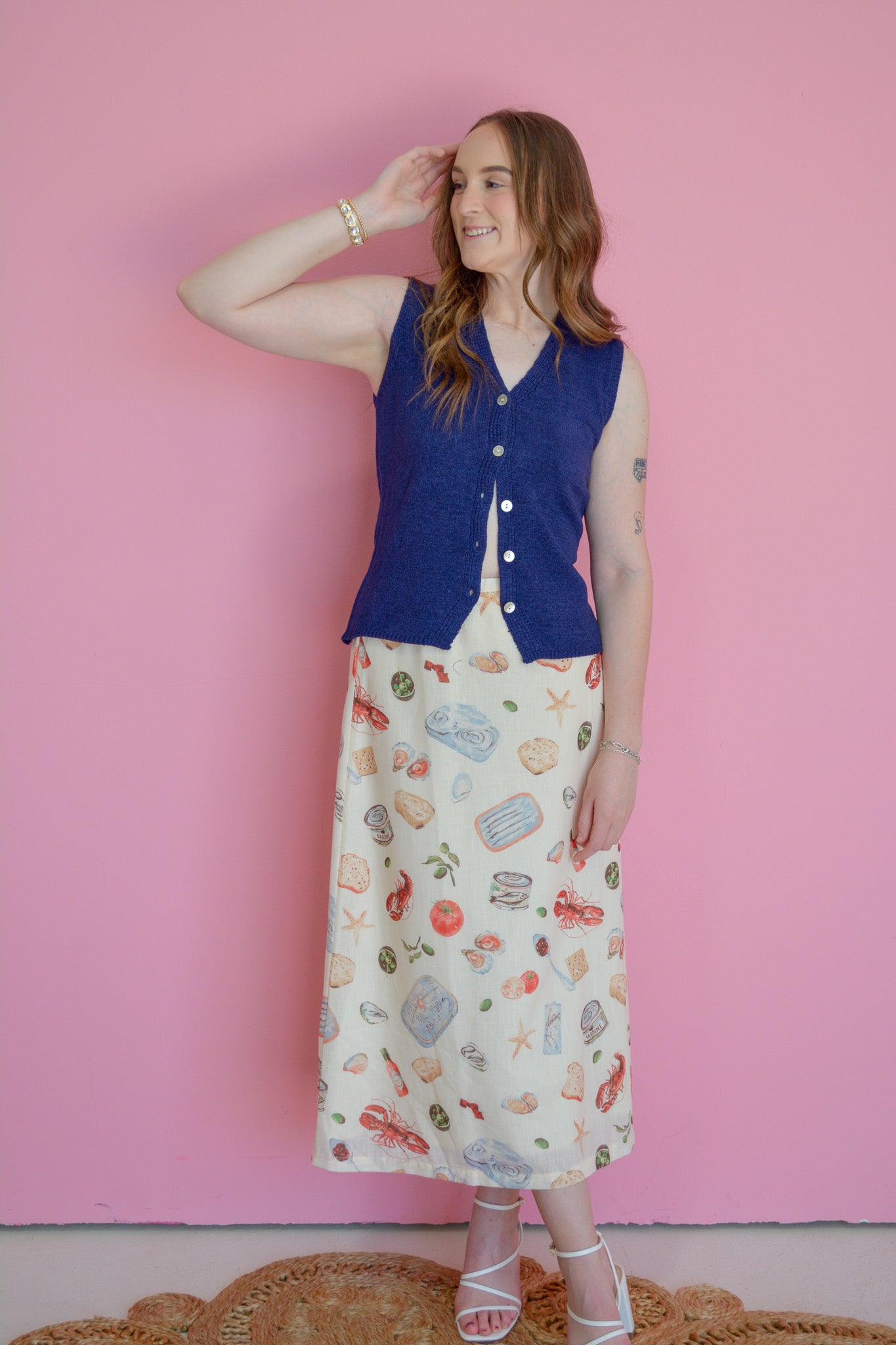 Able Seaside Pantry Midi Skirt in lightweight fabric, featuring a flowy design and subtle seaside-inspired pattern.