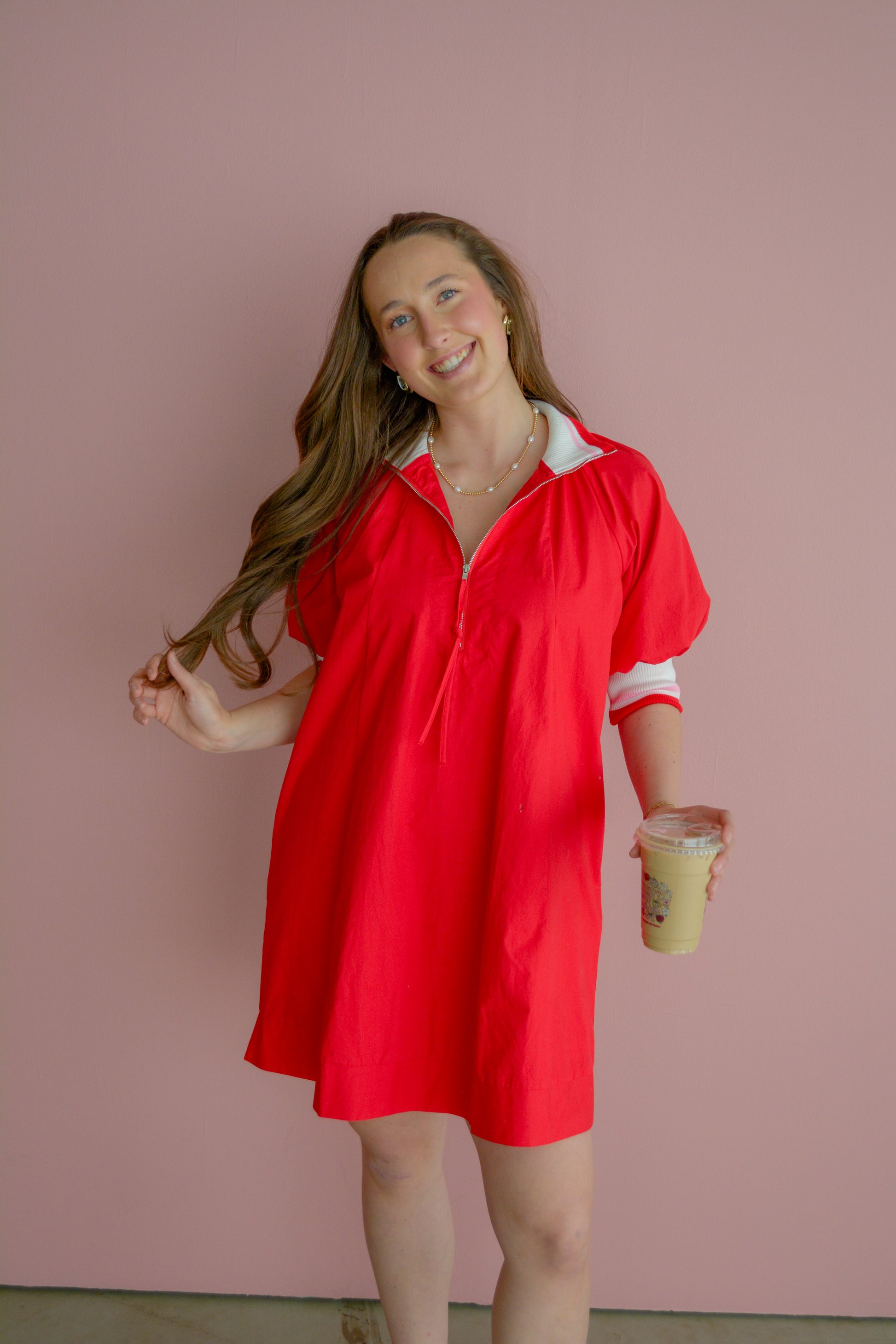 She & Sky Sunday Stroll Half-Zip Mini Dress in soft fabric, shown on a hanger with a close-up of the half-zip detail.