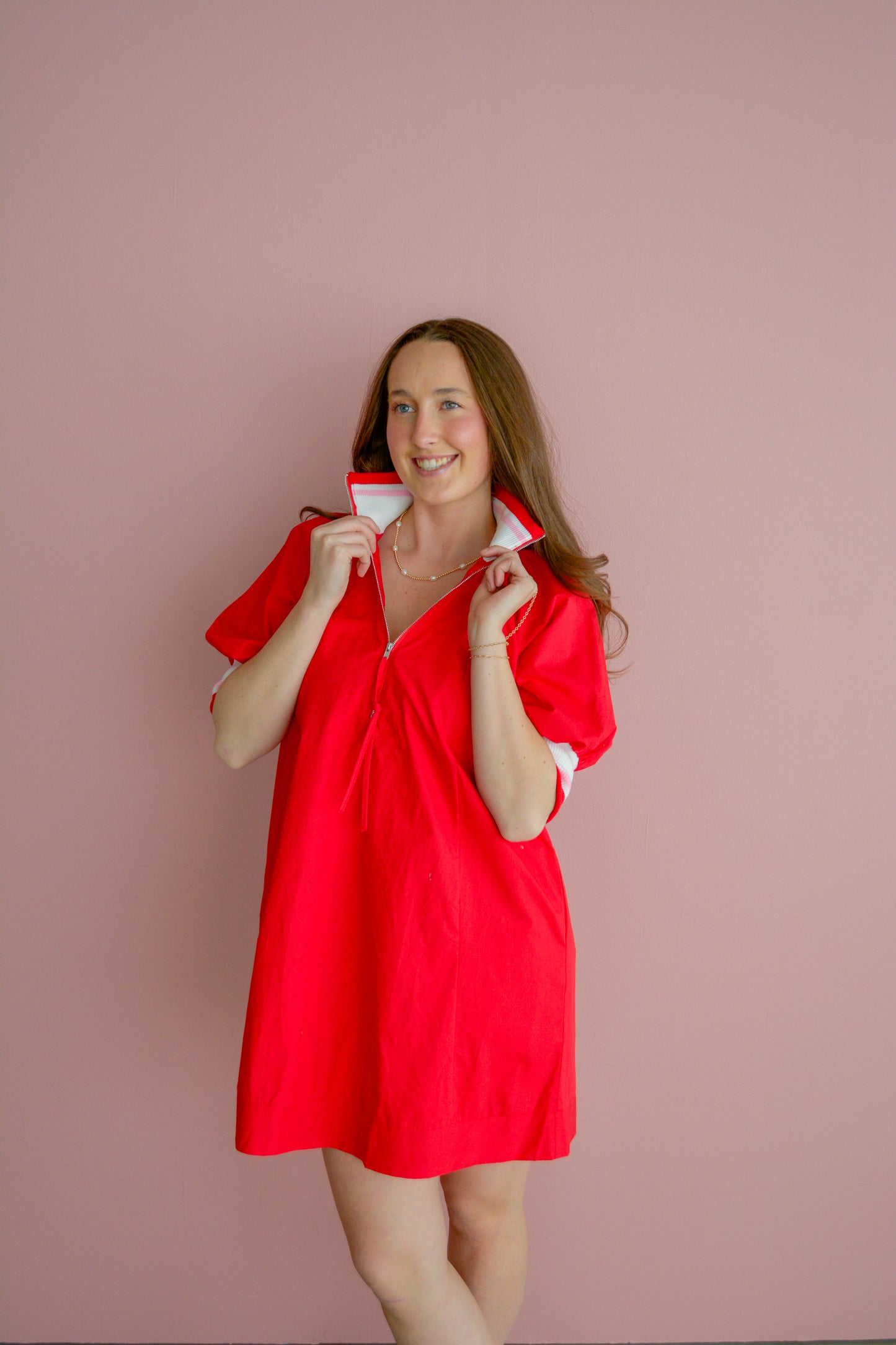 She & Sky Sunday Stroll half-zip mini dress in soft fabric, featuring a relaxed fit and stylish collar detail.