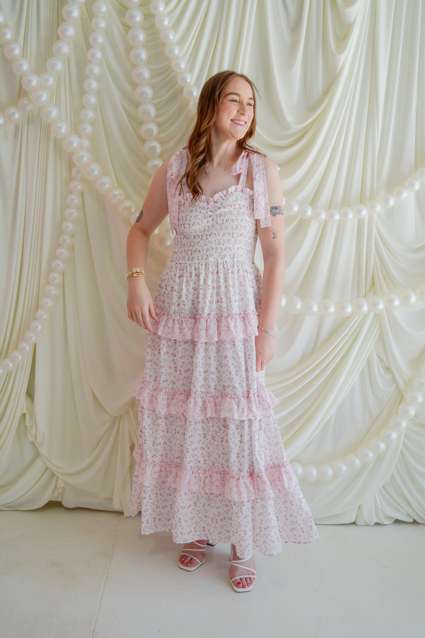 Soft Bloom Maxi Dress by Peach Love California, flowing floral maxi dress with ruffled details and adjustable straps.
