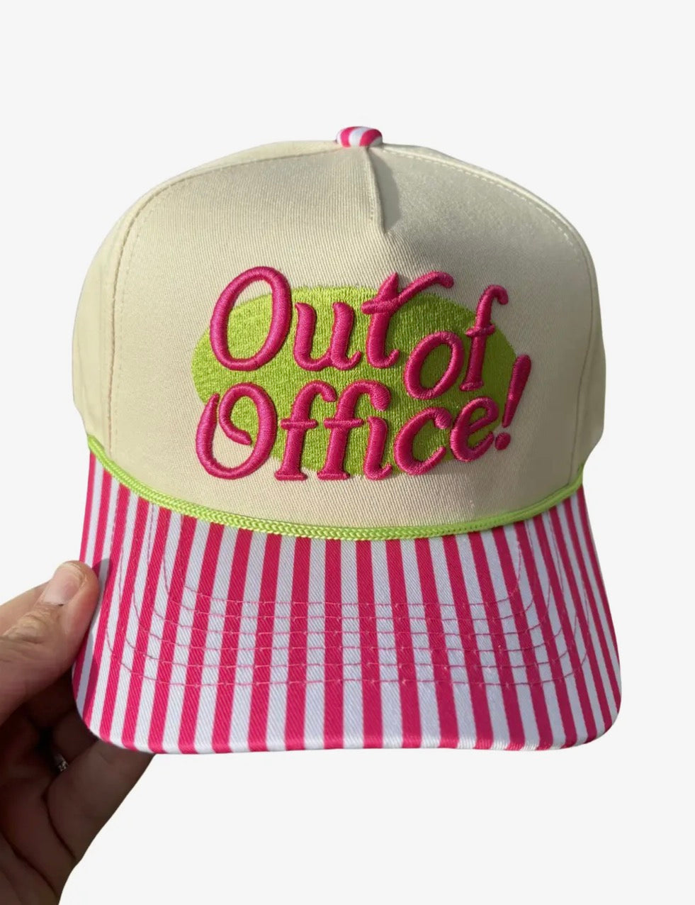 Summer Tees Out Of Office hat, casual wide-brim sun hat with embroidered text, perfect for outdoor summer wear.