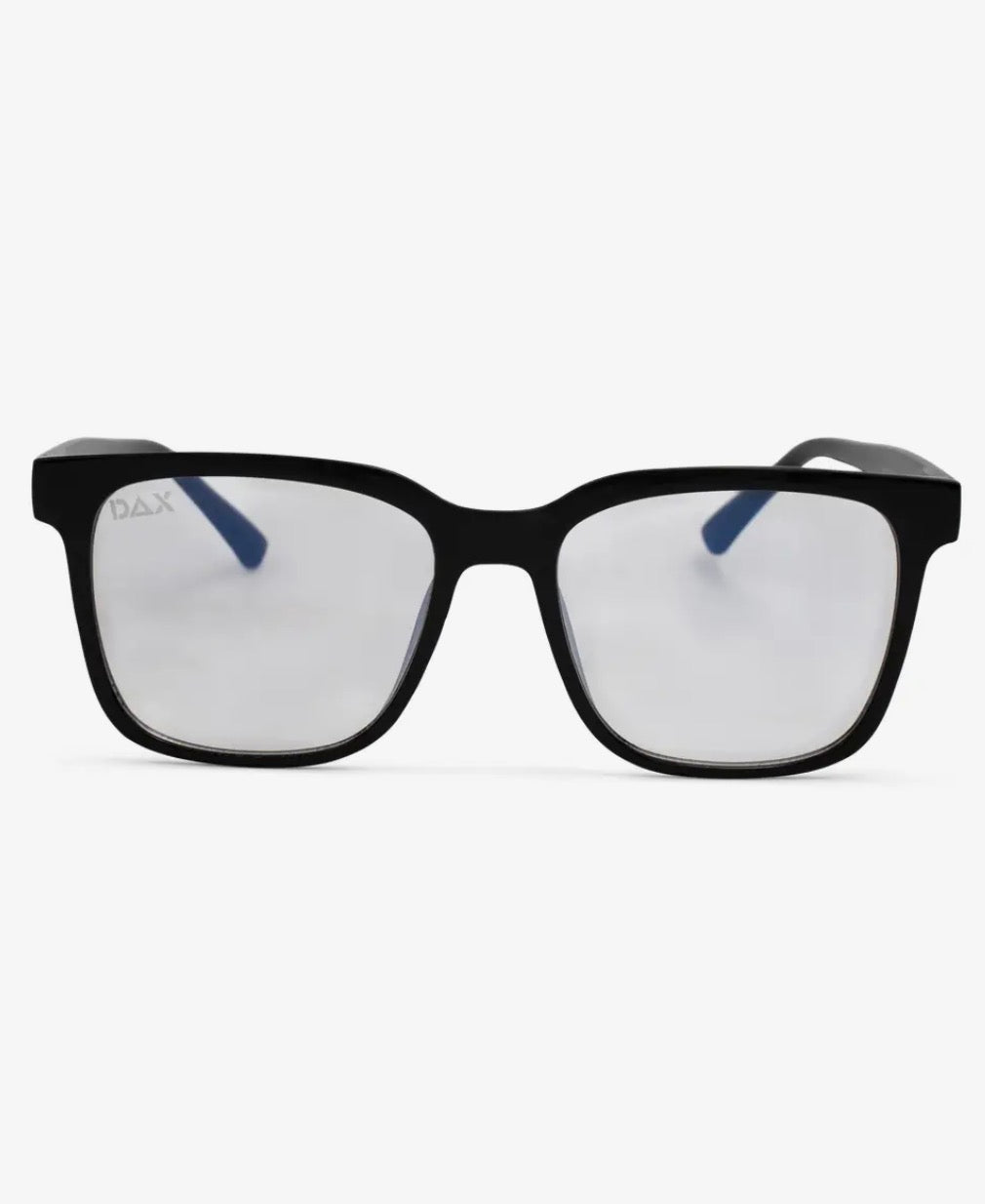 Dax Eyewear blue light glasses with clear frames, designed to reduce eye strain from digital screens.