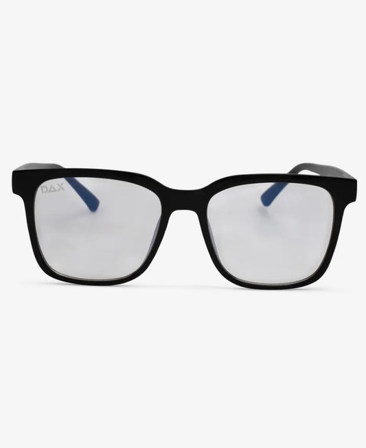 Dax Eyewear blue light glasses with clear frames, designed to reduce eye strain from digital screens.