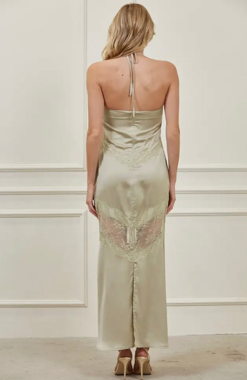Edit by Nine Olive You Always Satin Dress displayed on a model, featuring a sleek, olive-green satin fabric with a fitted silhouette.