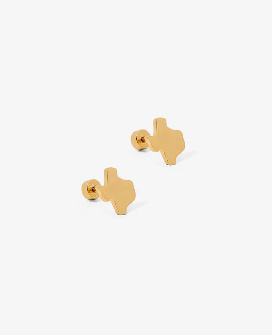 Linny CO Big Texas Gold screwback earrings with bold, gold-tone design visible on a clean background