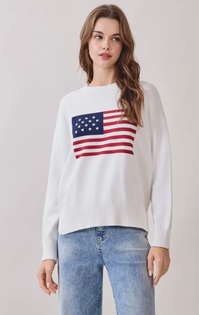 TCEC Stars & Stripes sweater featuring red, white, and blue star pattern on soft knit fabric, full front view.