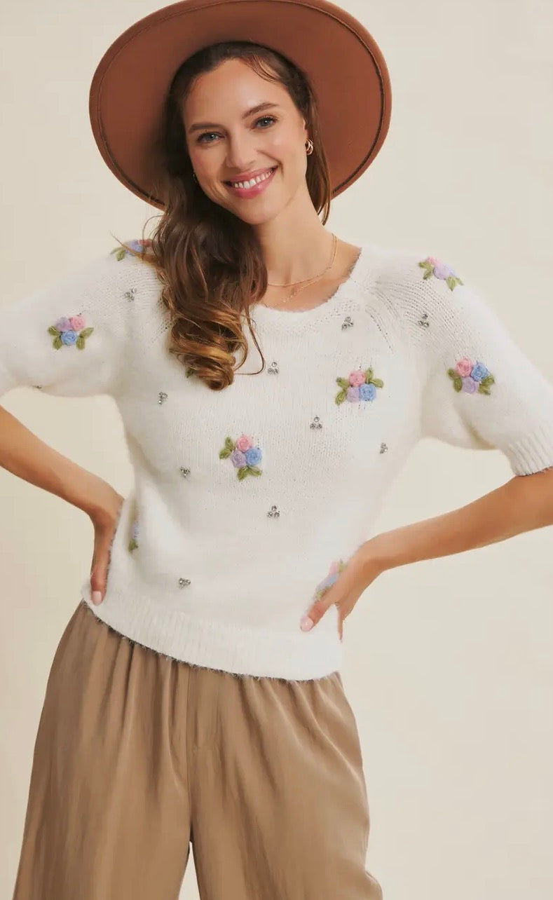 In February Bloom and Sparkle sweater in soft knit, featuring a vibrant floral pattern and cozy fit, full view.