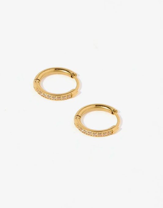 Gold huggie earrings, Scarlett hoop style, 12mm size by Linny CO, displayed in a close-up image