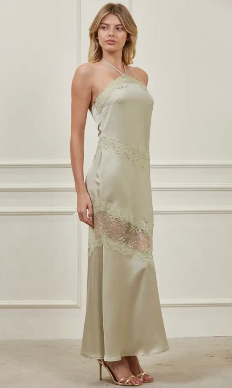 Elegant olive satin dress from Edit by Nine with a fitted silhouette and subtle sheen, perfect for stylish occasions.