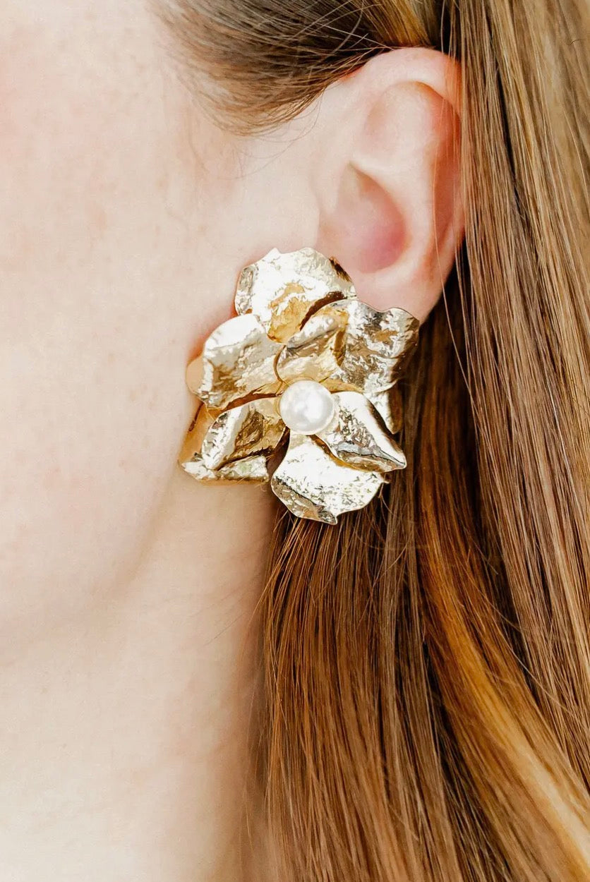 Linny CO Bridget Flower Statement Earrings featuring colorful floral design and gold-tone accents on a white background.