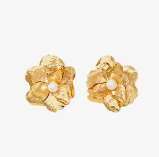 Linny CO Bridget Flower statement earrings featuring vibrant floral design and gold-tone accents, shown in full view.