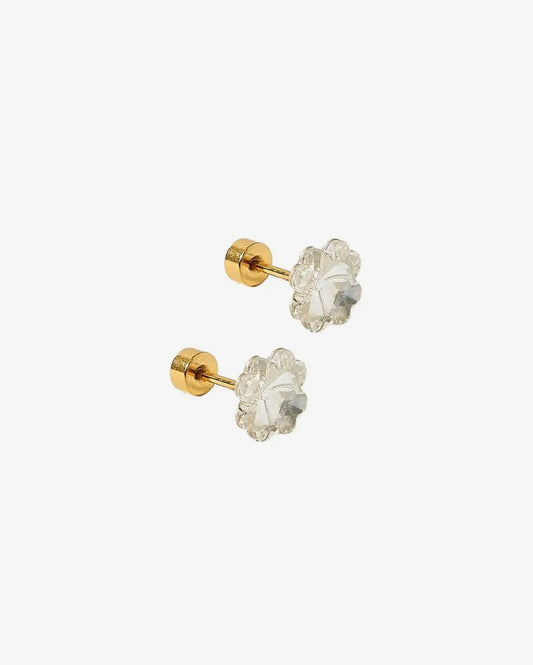 Linny CO Candy Clover Clear screwback earrings featuring transparent flower-shaped design on a white background