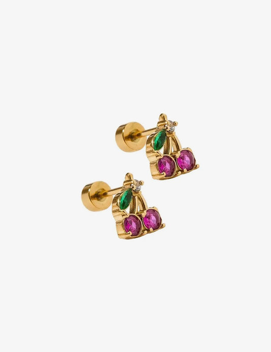 Linny CO cherry screwback earrings featuring bright red cherry charms on silver-tone posts.