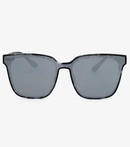Silver Dax Eyewear Cam sunglasses with sleek full-frame design and tinted lenses, stylish and modern eyewear accessory.
