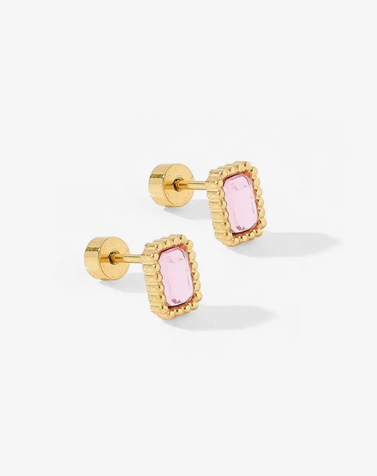 Pink screwback earrings from Linny CO's Madison Pink collection, showcasing shiny, polished metal earrings with secure screwback clasps.