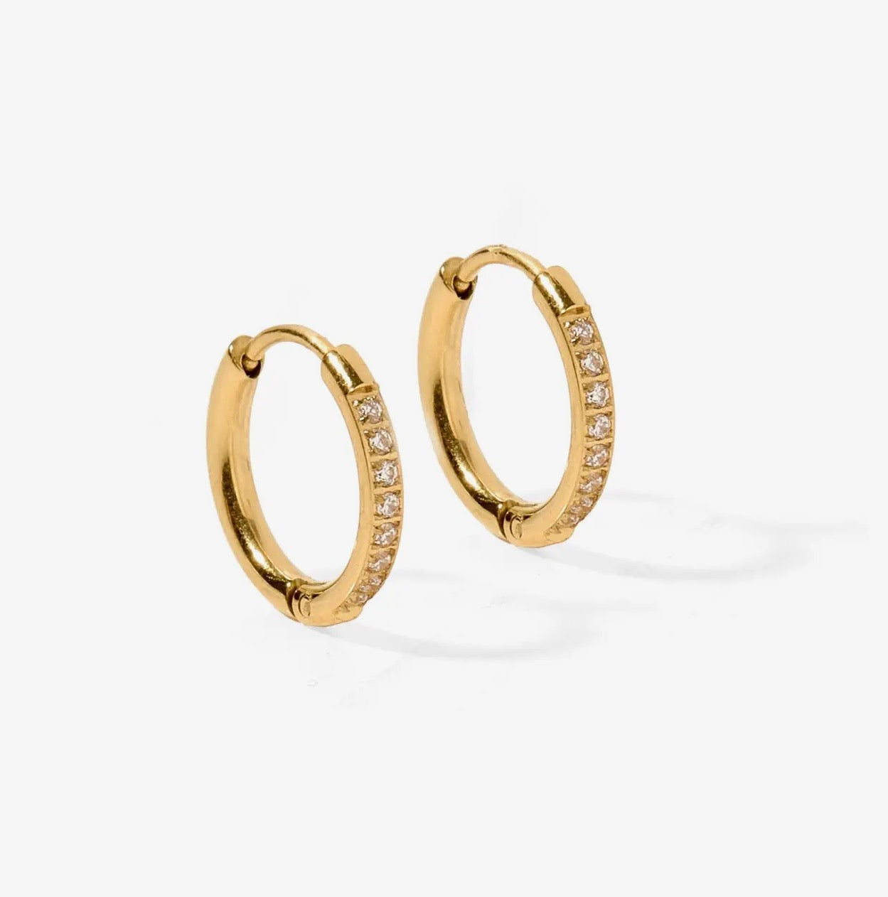 Gold Scarlett hoop huggie earrings, 12mm size, stylish circular earrings from Linny CO featuring a sleek, modern design.