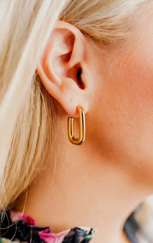 Gold Danielle hoop earrings by Linny CO, featuring large shiny hoops with a smooth finish, displayed on a white background.