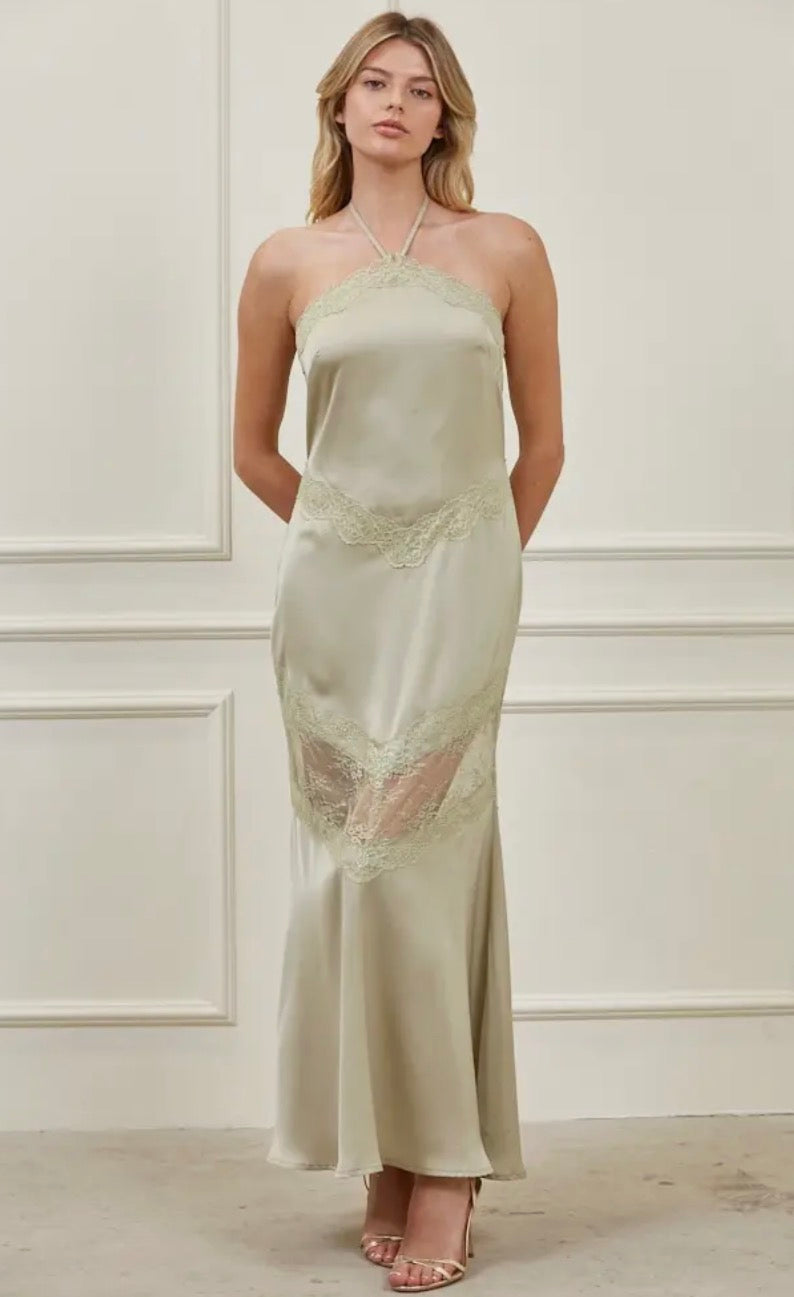 Olive You Always satin dress by Edit by Nine, full-length view showcasing elegant design and silky fabric.