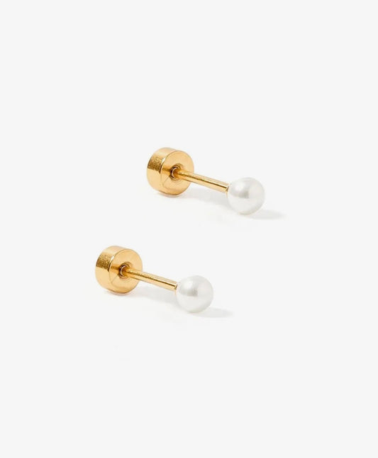 Linny CO Payton Pearl White 5mm screwback earrings featuring elegant pearl design and secure screwback closure.