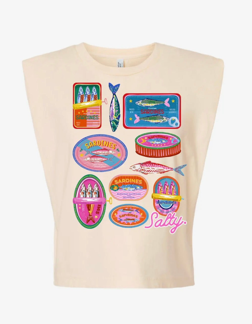 Sardine Summer Muscle Tank by Summer Tees featuring a colorful sardine fish design on a sleeveless casual shirt.