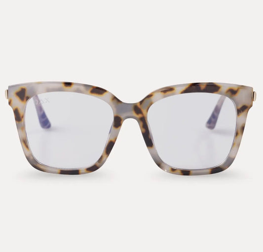 Blue light glasses by Dax Eyewear featuring clear frames and blue-tinted lenses, designed for digital screen protection.