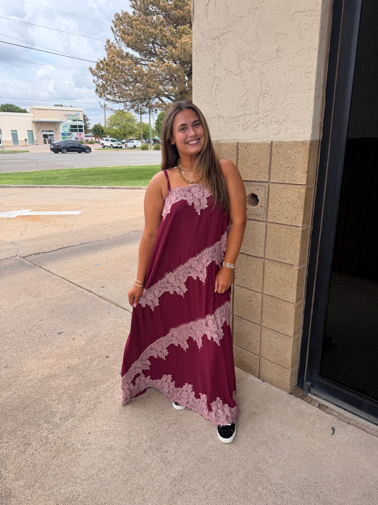 Burgundy Lace Trim Midi Dress