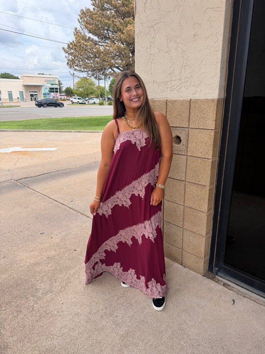 Burgundy Lace Trim Midi Dress