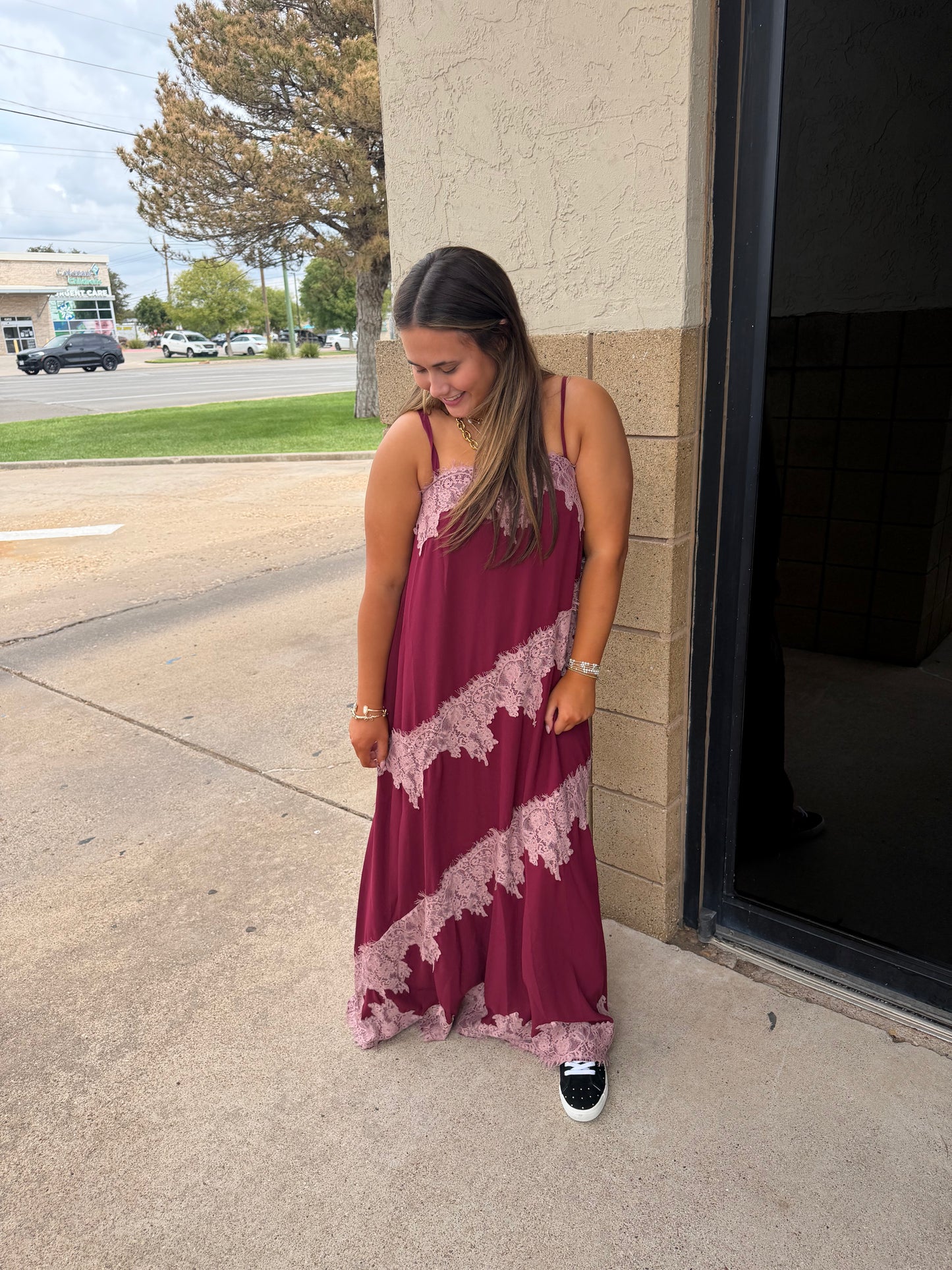 Burgundy Lace Trim Midi Dress
