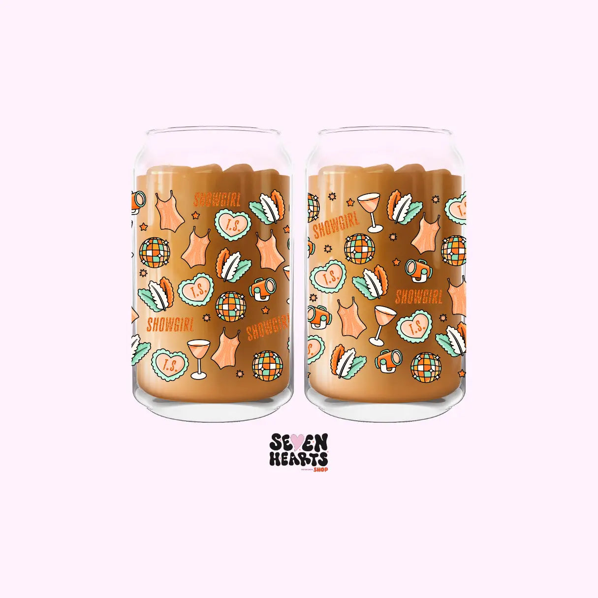 Showgirl iced coffee cups from Seven Hearts Shop with colorful, decorative designs, perfect for cold beverages.