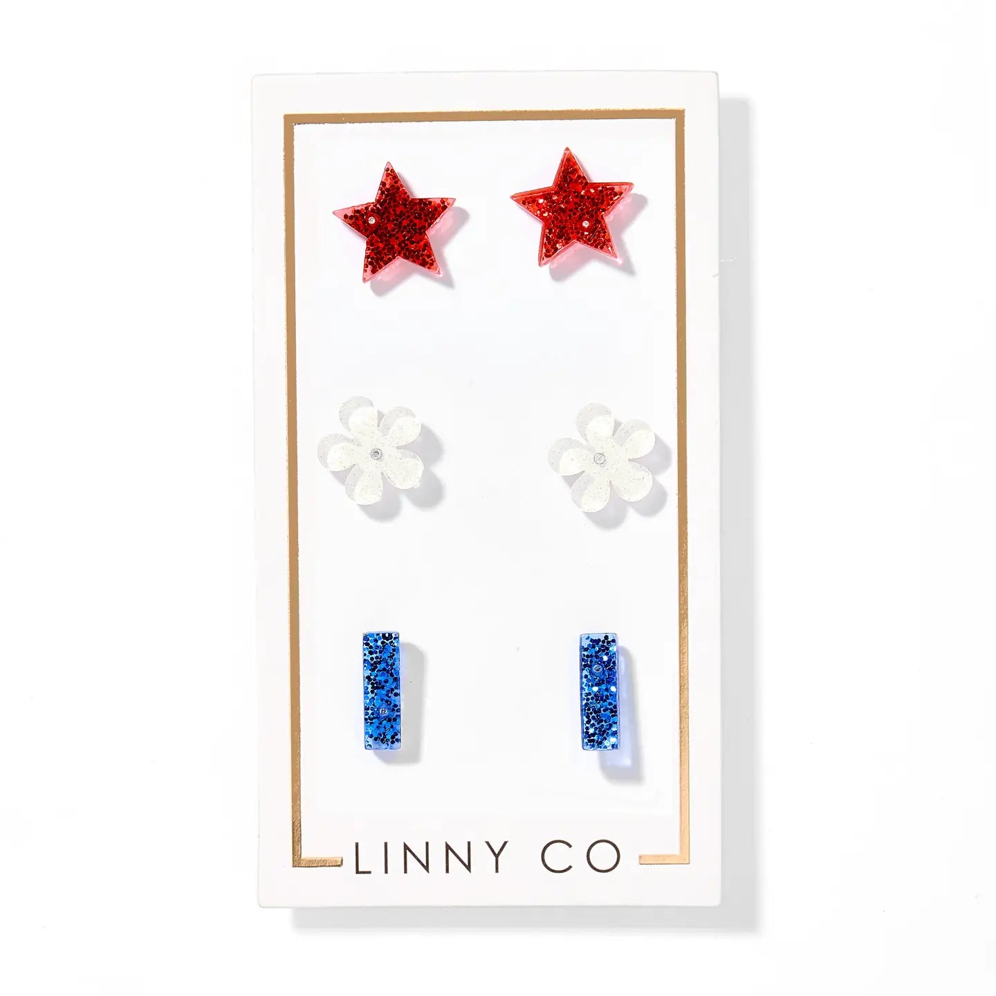 Three American Stud earrings from Linny Co featuring classic gold and silver designs on a white background.