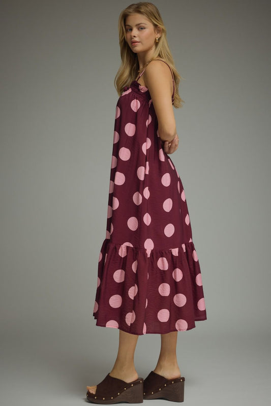Entro plum polka dot maxi dress featuring a flowing silhouette and sleeveless design, perfect for casual or summer wear.