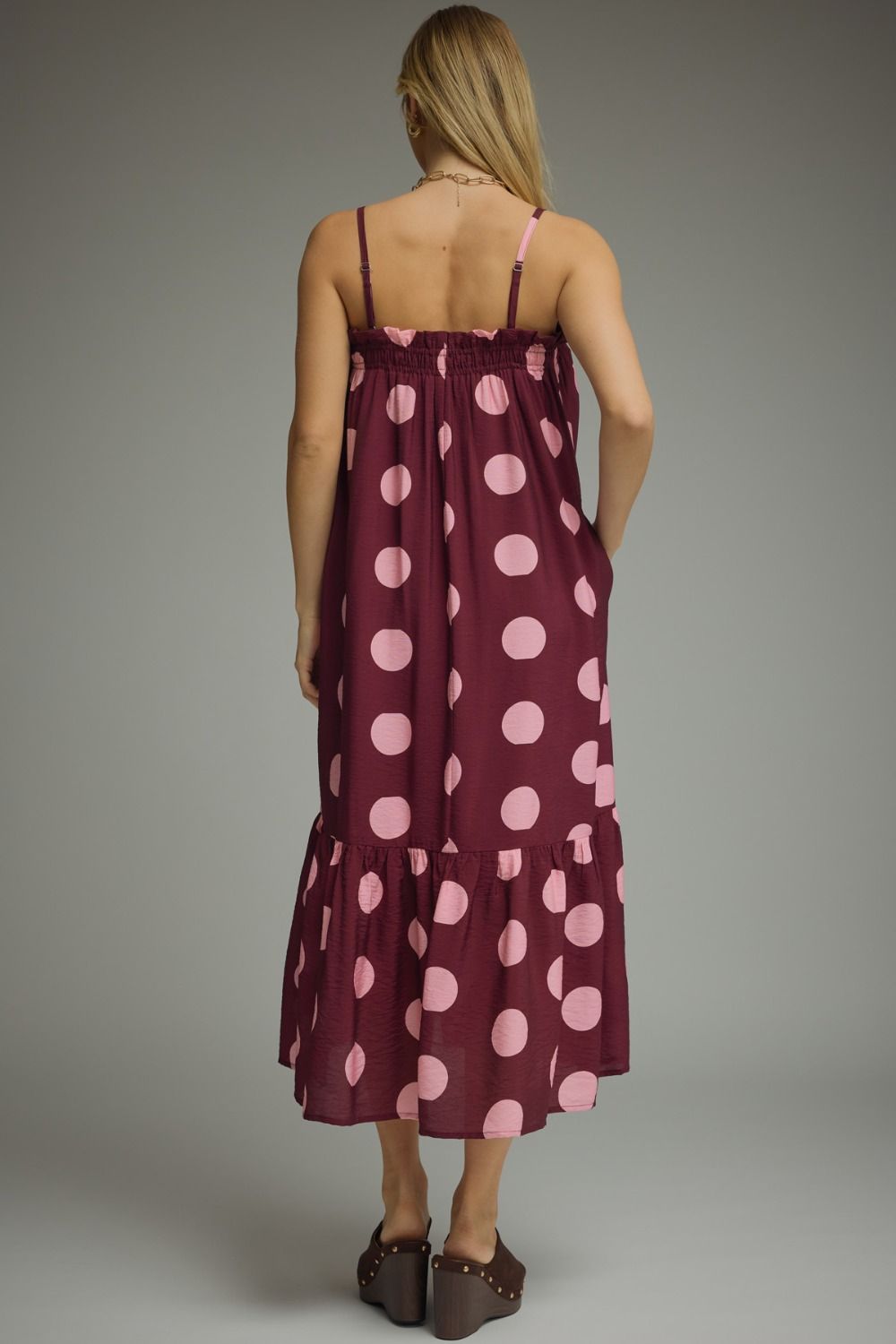 Entro plum polka dot maxi dress with flowing fabric and sleeveless design, perfect for summer or casual occasions.